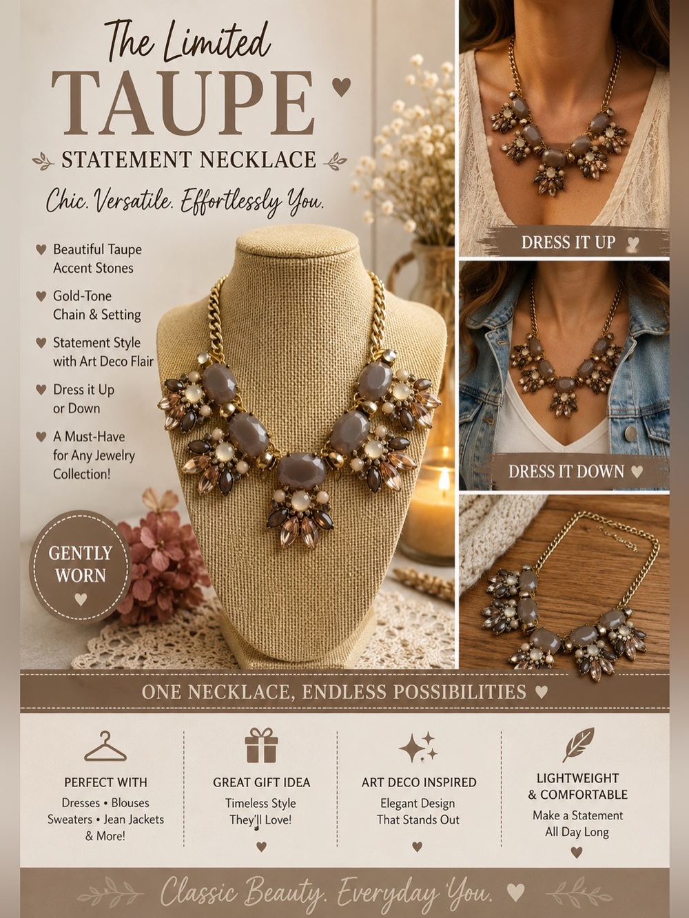 The Limited Gold and Taupe Statement Necklace Art Deco